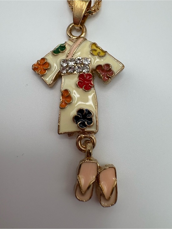 Betsey Johnson Jewelry - Enamel Kimono & Flip Flop Pendant Necklace - Cream with Multicolor Flowers